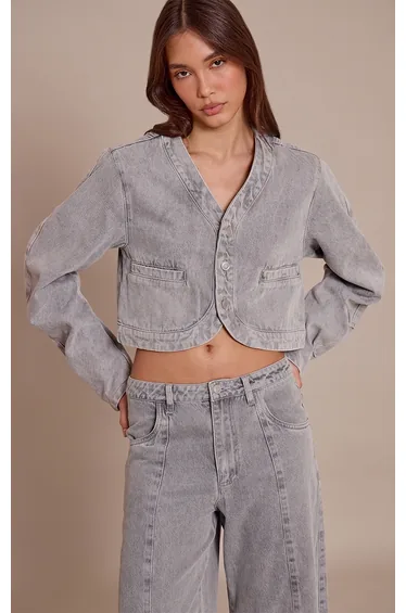 Grey V Neck Curved Hem Cropped Denim Jacket