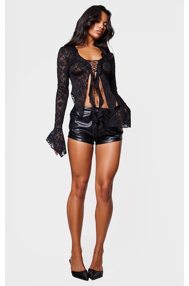 Black Lace Tie Front Ruffle Blouse