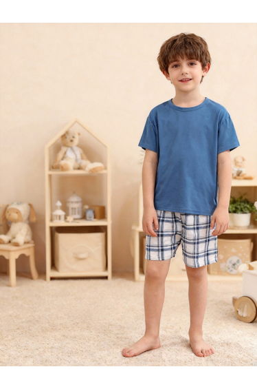 Boys Blue T-Shirt and Checkered Shorts Pyjama Set