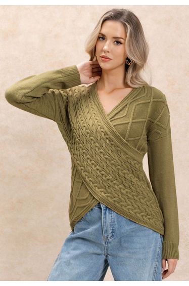 Intricate Crisscross Cable Knit Sweater in Moss Green