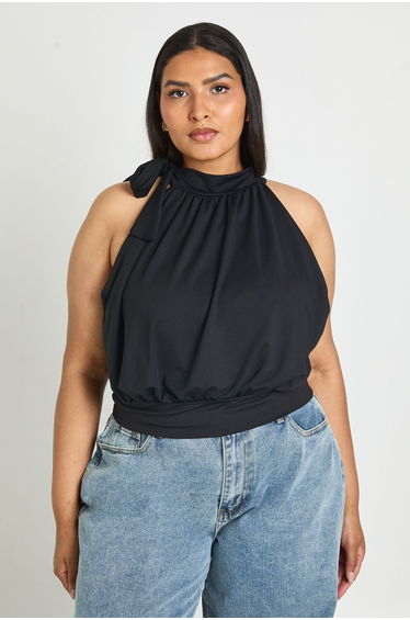 Plus Matte Slinky Pussy Bow Sleeveless Top - black