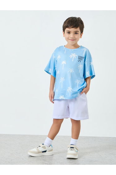 Boys All-Over Palm Print Oversized T-Shirt with Text Emrboidery