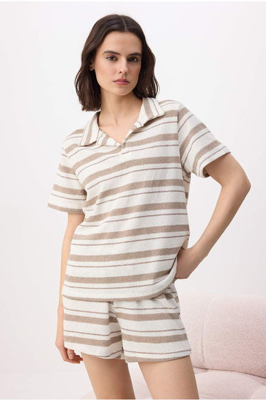 Beige-Mink Striped Knitwear Look Knitted Pajama Set