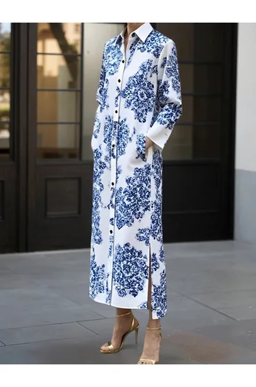 Long Sleeves Buttoned Printed Split-side Lapel Maxi Dresses Shirt Dress