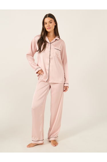 Piped Detail Matte Satin Long Sleeve Pocket Shirt and Pyjama Set