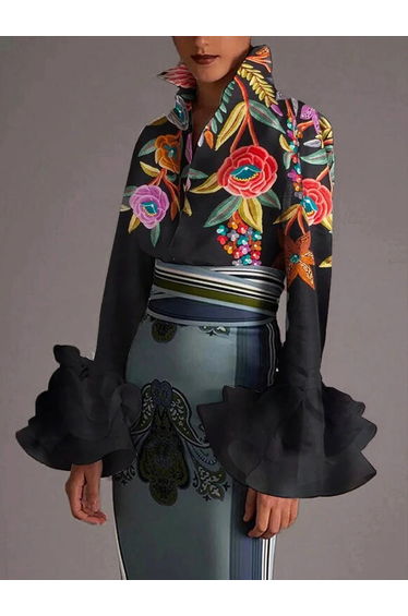 Flared Sleeves Long Sleeves Buttoned Contrast Color Flower Print Lapel Blouses&Shirts Tops