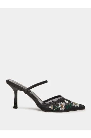 Black Embroidered Pointed Toe Mules