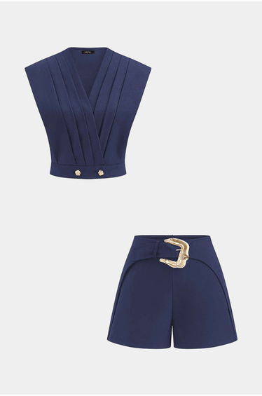 Metallic V-Neck Pleated Tank Top And Belted Shorts Set