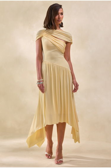 Lorina | Lemon High-Neck Midi Dress With Asymmetric-Waist