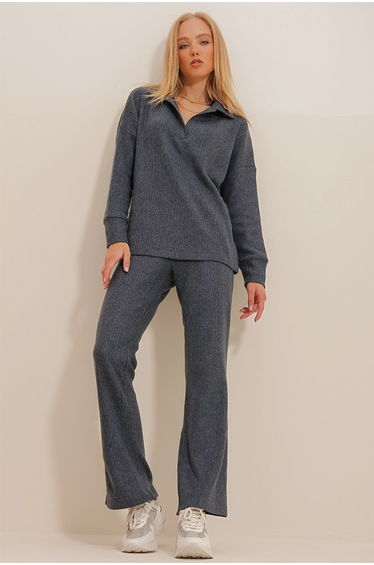 Women's Anthracite Polo Top and Palazzo Pants Knitwear Bottom and Top Set
