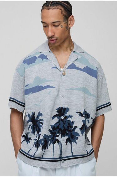 Boxy Palm Scenic Jacquard Knitted Shirt - blue