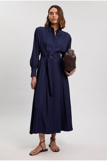 Premium Viscose Linen Woven Shirt Dress With Gold Buckle Belt
