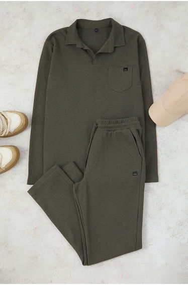 Khaki Regular Cut Polo Collar Label Detailed Textured Pajama Set