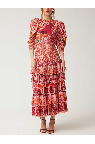 Vibrant Bird Floral Print Puff Sleeve Shirt