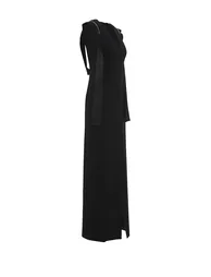 Long Black Dress with Shoulder Embroidery and Front Slit - 1