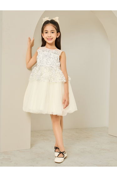 Girls White Embroidered Fit and Flare Dress