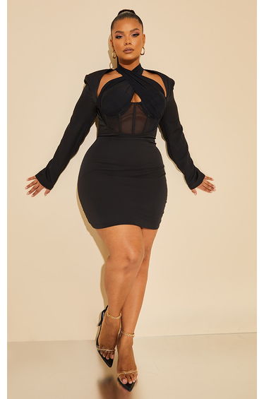 Plus Black Premium Corset Cross Front Bodycon Dress