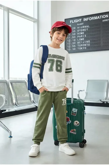 Ecru Boy's Slogan Cotton Knitted Top-Bottom Set