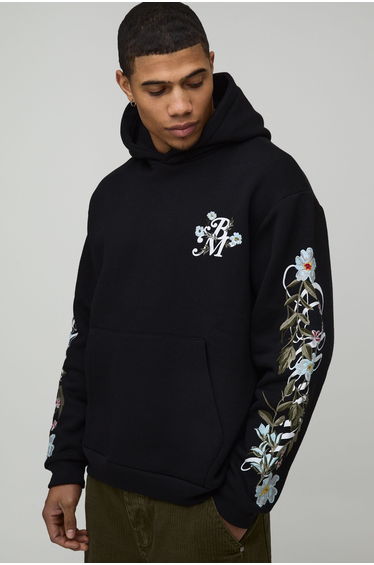 Oversized Floral Sleeve Embroidery Hoodie - black