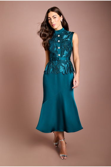 Sleeveless Lace Bodice With Satin Skirt Midi Dress