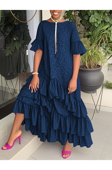 Flared Sleeves Half Sleeves Asymmetric Layered Pleated Printed Ruffle Trim Round-Neck Maxi Dresses
