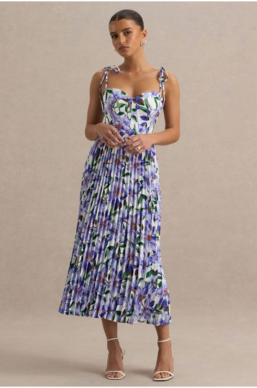 Peyton | Purple Lily Print Satin Sweetheart-Neck Dress With Pleated Details