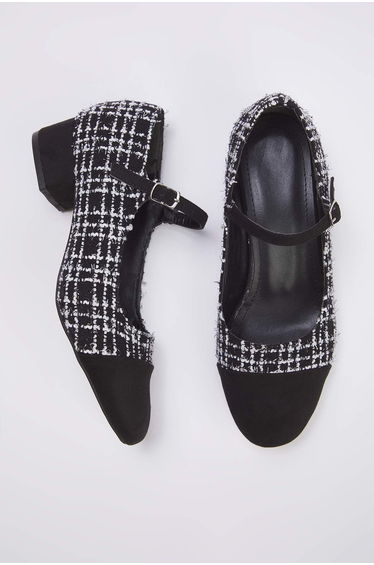 Black Tweed Round Toe Mary Jane Women's Block Heel Shoes