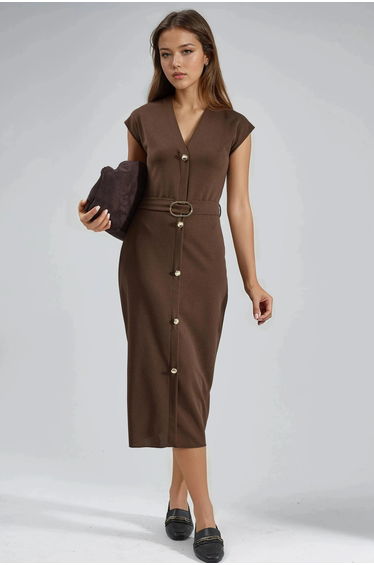 BUSEM Belted V-Neck Midi Dress