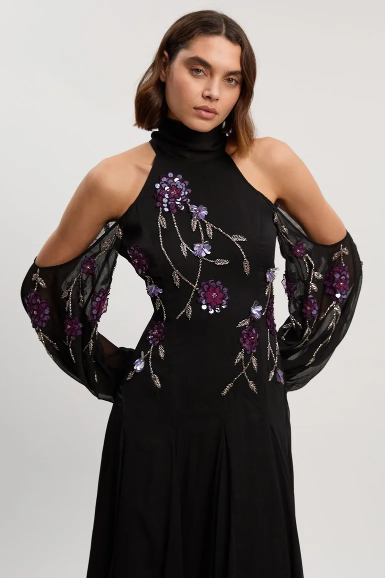 Cold Shoulder 3D Floral Applique Woven Maxi Dress - 1