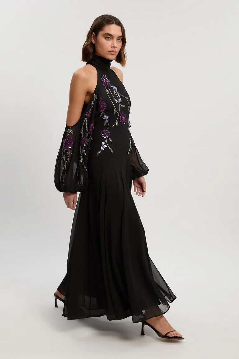 Cold Shoulder 3D Floral Applique Woven Maxi Dress