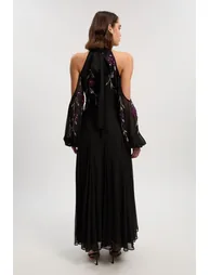 Cold Shoulder 3D Floral Applique Woven Maxi Dress - 2