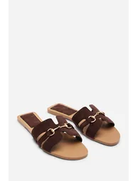 Dorina Embellished Dark Brown Suede Slide On Sandals - 4