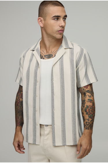 Regular Wide Stripe Short Sleeve Revere Shirt - ecru