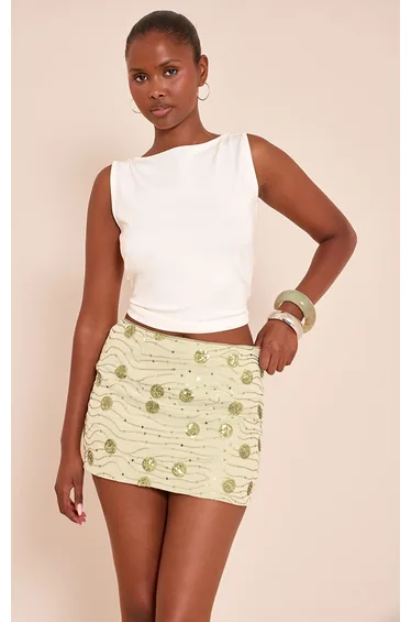 Sage Green Embellished Mini Skirt