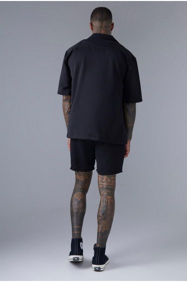 Short Sleeve Drop Revere Satin Shirt And Short Set - black product thumbnail 2