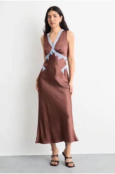 Lace Embroidered Insert Midi Bias Dress