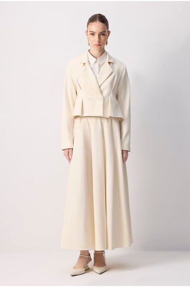 PLEATED DOUBLE BREASTED JACKET SKIRT SET