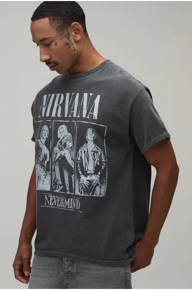 Oversized Washed Nirvana License Print T-Shirt - washed charcoal