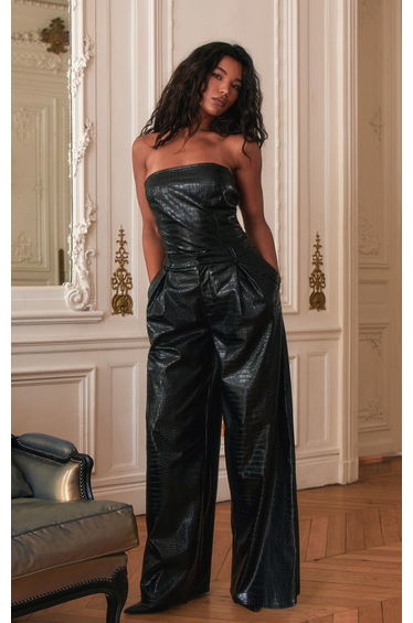 PLT Label Black Croc Faux Leather Wide Leg Tailored Trousers