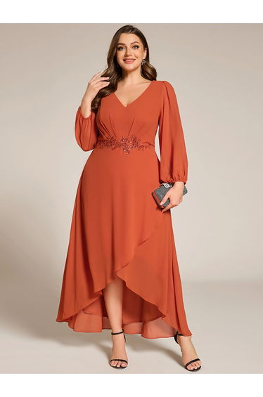ever MARYAM|Long Lantern Sleeves Waist Applique Chiffon Formal Evening Dress