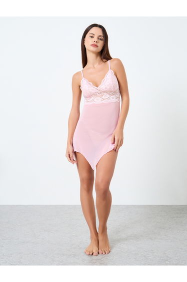 Solid Mesh Patchwork Lace Embroidery Detail Irregular Hem Cami Dress