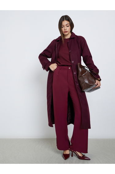 Burgundy Wool Look Belted Midi Coat