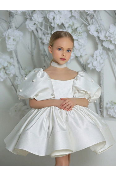 Girls White Puff Sleeve Embellished Dress