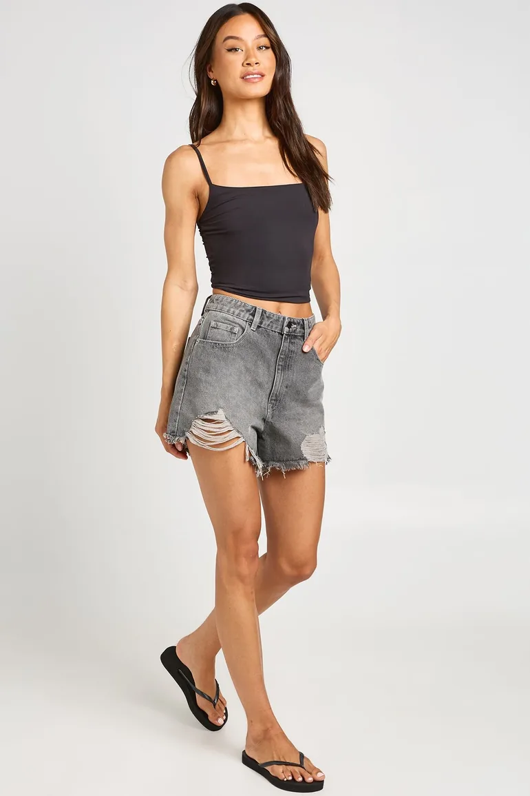 Tall High Waist Ripped Mom Shorts - greywash - 2