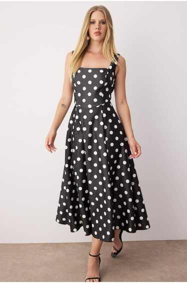 Black and White Polka Dot A-Line Satin Woven Elegant Evening Prom Dress