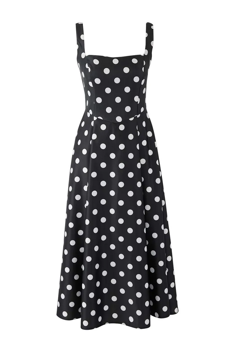 Black and White Polka Dot A-Line Satin Woven Elegant Evening Prom Dress - 5