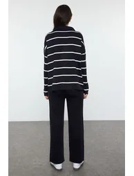 Navy Blue Wide Pattern Zippered Knitwear Top-Bottom Set - 2