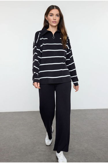 Navy Blue Wide Pattern Zippered Knitwear Top-Bottom Set