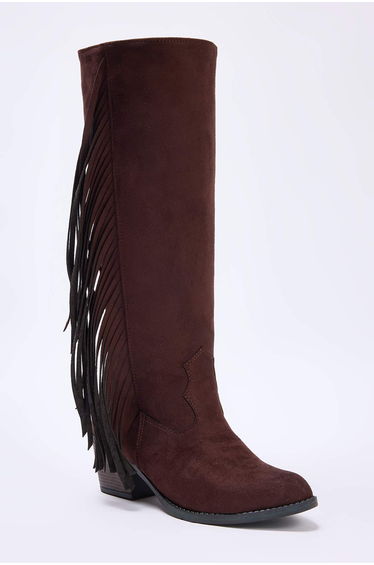 Dark brown tassel detailed suede women's 5.5 cm block heeled cowboy boots