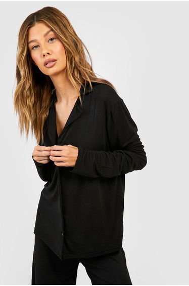 Peached Jersey Long Sleeve Button Up Pj Shirt - black